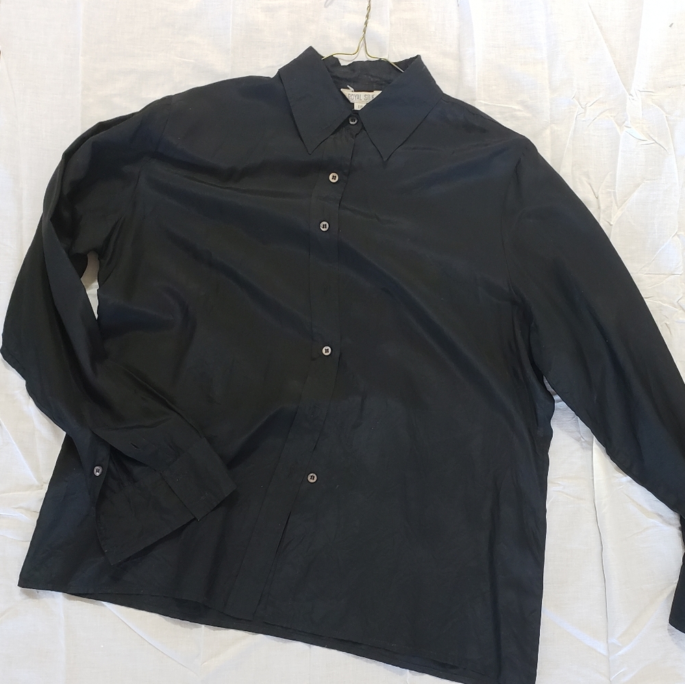 Black Royal Silk Button Down Blouse
